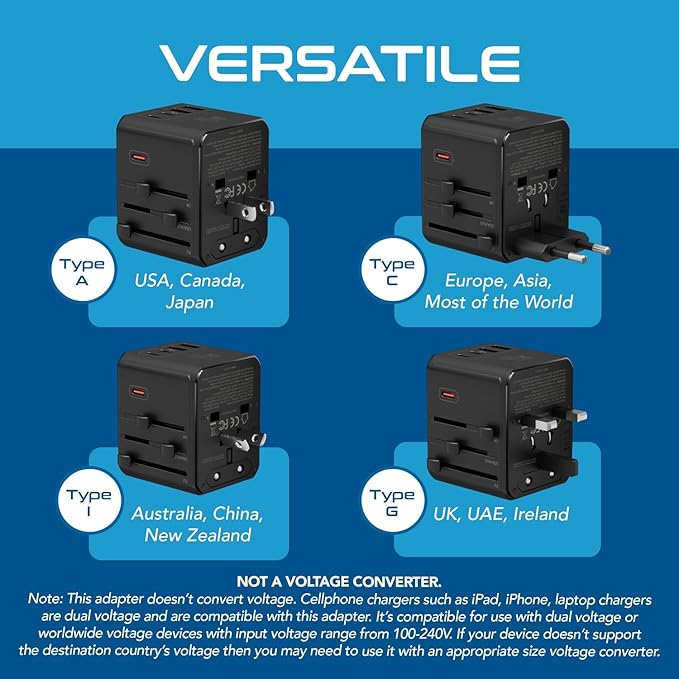 Ceptics 8 in 1 Universal Travel Adapter for EU, UK, US, AU and More, World Travel Adapter, 2X US Socket, Universal Socket, 3X USB-C and 2X USB-A, 45W Fast Charge – UP-45KU-BL
