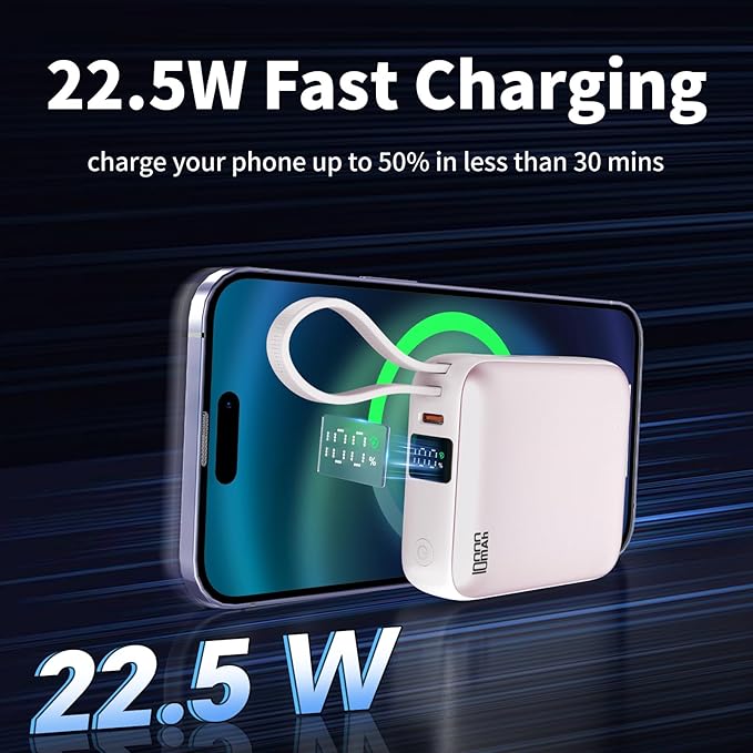 Hichain Small Portable Charger with Built in Cables LED Display, Mini Power Bank 10000mAh 22.5W USB-C Fast Charging Battery Pack, Travel Essential Power Bank for iPhone, iPad, Samsung, Android Pink