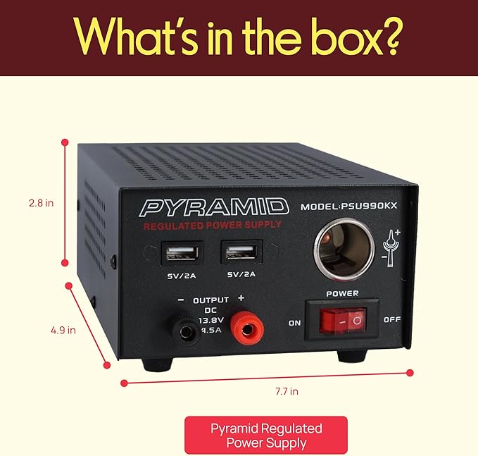 Universal Compact Bench Power Supply - 7 Amp Regulated Home Lab Benchtop AC-Dc Converter Power Supply for CB Radio, HAM W/ 13.8 Volt Dc 120V AC Supply, Dual USB, Cigarette Lighter - Pyramid PSU990KX