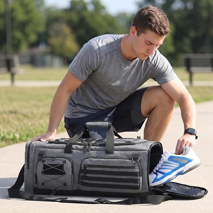 Gym Bag for Men and Women, 50L Extra Large Duffle Bag, 3-in-1 Travel Sports Duffel Bags with Shoe & Laptop Compartment for Overnight Weekender Gym Traveling Workout Deployment, Black + Gray