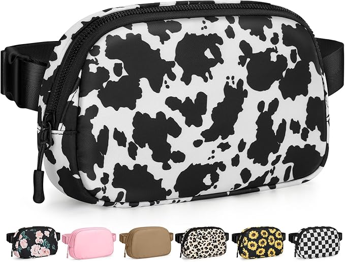 Pritent Fanny Packs for Women Cross Body Bag Waterproof Belt Bag with Adjustable Strap and Zipper Back Pocket Small Crossbody Bags Fashion Waist Packs for Workout Travelling(Cow Print)
