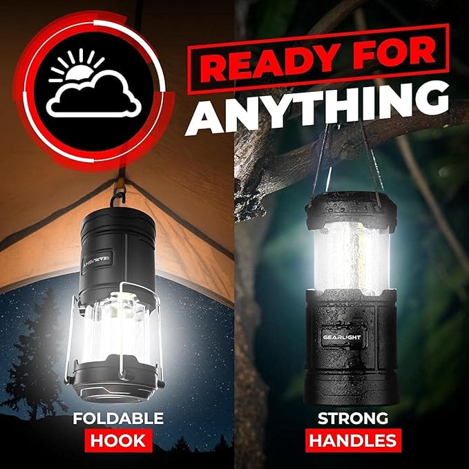 GearLight Rechargeable Camping Lantern - 2 Portable LED Lanterns with Magnetic Base and Foldable Hook for Emergency Use or Campsites, Essential Hurricane Survival Kit - Black