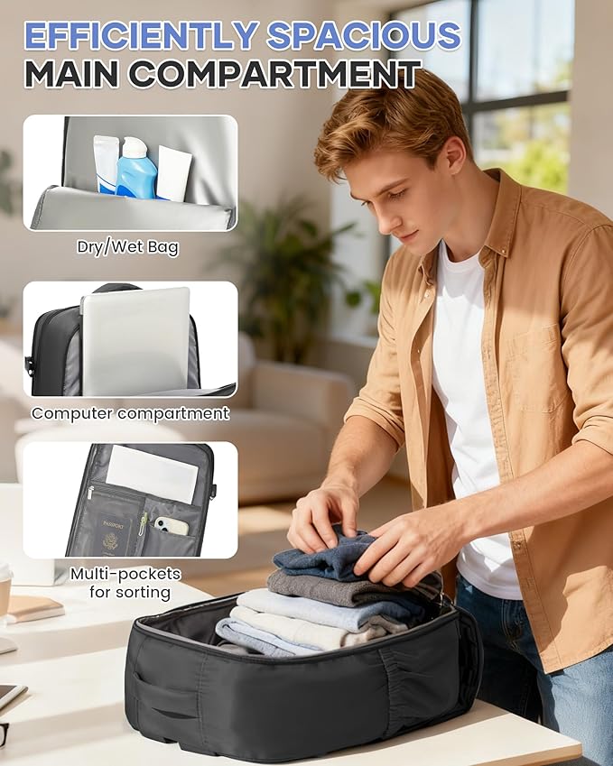 Large Carry on Travel Backpack Women Men,Hiking Gym Waterproof Outdoor Sports Rucksack Casual Daypack Laptop Backpack Personal item Travel Bag Airplane Essentials Spirit Airline Flight Approved,Black