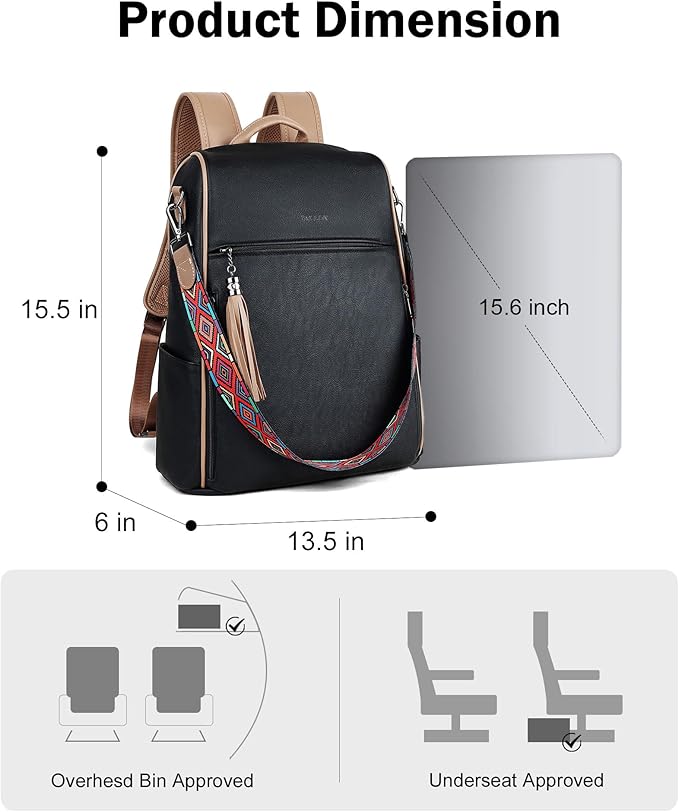 FADEON Leather Laptop Backpack for Women Designer 15.6 inch PU Laptop Bag, Ladies Travel Computer Work Backpack Black