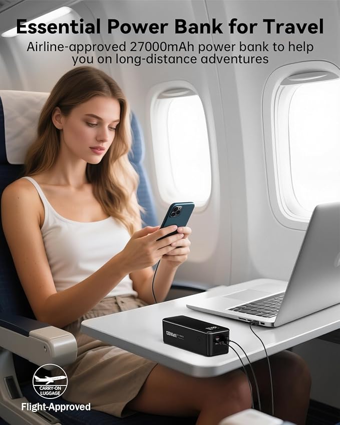 27000mAh 120W Fast Charging Power Bank, High Capacity 3-Port Laptop Portable Charger with Smart Display, Compatible with iPhone 16/15/14, Vision Pro, Samsung, MacBook & More