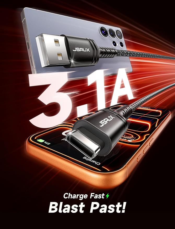 JSAUX USB C Cable [2-Pack 3.3ft], USB A to USB Cord Fast Charging for iPhone Air, iPhone 17, iPhone 17 Pro, iPhone 17 Pro Max, iPhone 16/iPhone 15 Series, Samsung S20 S10, Note 20 10,Car Play - Black