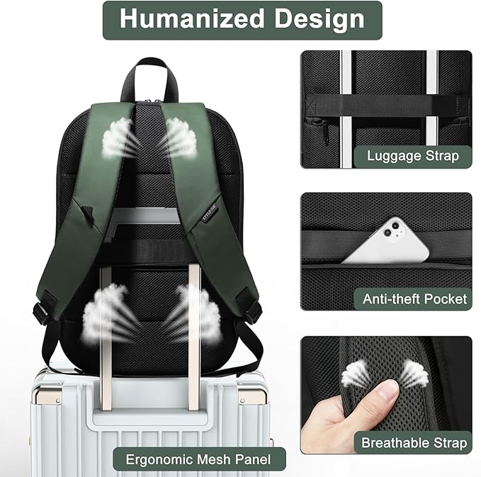 Business Backpack 17 Inch Slim Expandable Waterproof Travel Laptop Backpacks with USB Charger Port Anti-Theft Lightweight Large Work Computer Bag College Laptop Backpacks Gifts for Men Women, Green