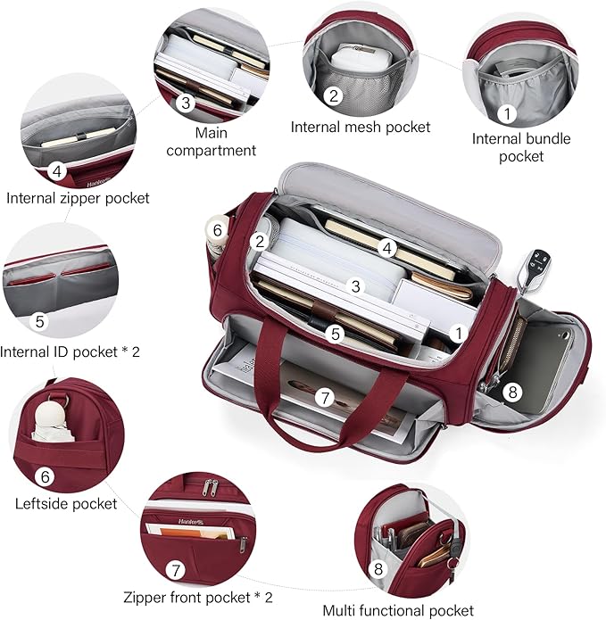 Hanke Small Travel Duffel Bag, Under Seat Carry On Personal Item Bag with 11 Pockets, Lightweight Water Resistant Foldable Weekender Bag with Trolley Sleeve for Travel Gym Daily Use（Burgundy）