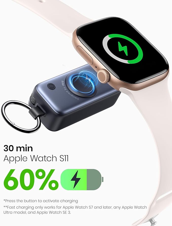 INIU 3-in-1 Portable Charger, 5000mAh Power Bank with Watch Charger & Built-in Cable, Compact 20W Fast Charging Battery Pack, Key Chain & Travel Essential for iPhone 16 15, Apple Watch, etc