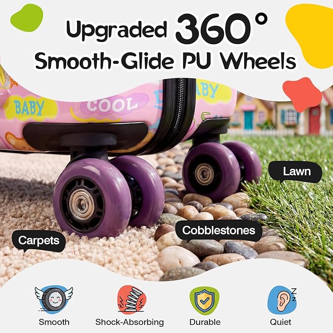 smilesun 20" Ride-On Suitcase for Kids, Cute Pattern, Lightweight Hardshell Carry-On Luggage with Double Spinner Wheels, TSA Lock for Boys & Girls (Candy Garden Pink, 20-inch)