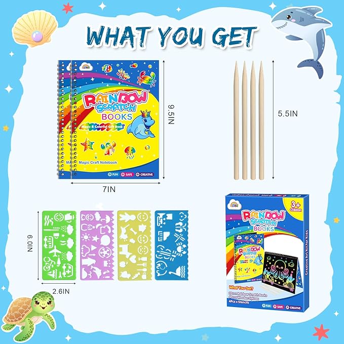 ZMLM Scratch Paper Art-Crafts Gift: 2 Pack Rainbow Notebooks Supplies Toys for 3 4 5 6 7 8 9 10 Years Old Girls and Boys Kids Christmas Birthday Party Games Ocean