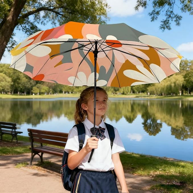 Windproof Travel Umbrella Colorful Daisy Floral Compact Auto Open/Close Folding Umbrellas for Rain