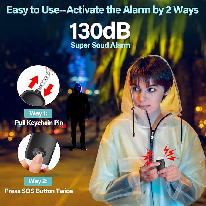 Hion Personal Safety Alarm for Women, 3 Pack Rechargeable 130dB Self Defense Keychain with LED Flashlight, Emergency Safe Sound Security Alarm for Children Elderly, White+Pink+Black