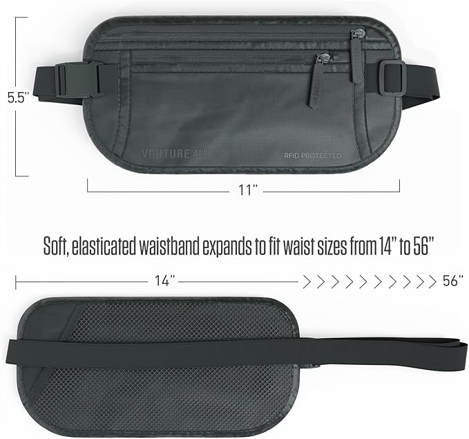 VENTURE 4TH Money Belt for Travel – Slim Hidden Under-Clothes RFID Blocking Anti-Theft Passport Holder & Travel Wallet Pouch for Men & Women to Protect Cash, Cards & Documents (Sleek Gray)