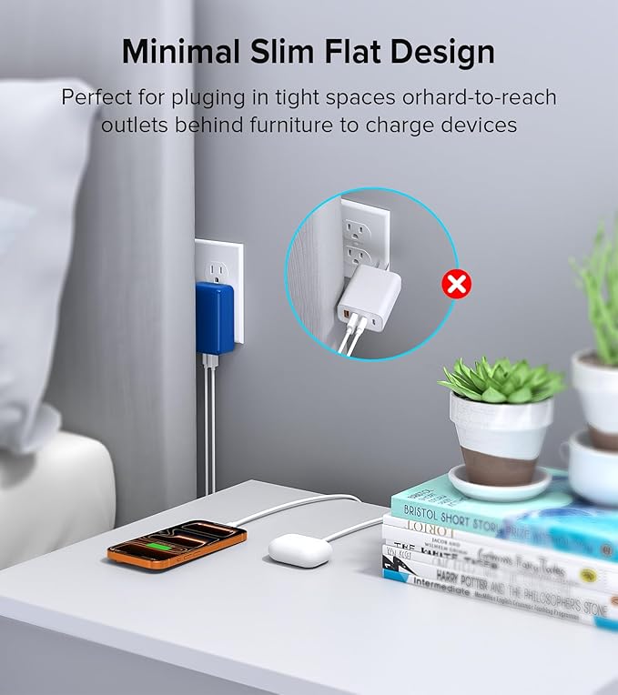 [2-Pack] Flat USB C Wall Charger,40W Fast USB C Charger Block,4-Port PD Power Adapter +QC Wall Plug Multiport Type C Charging Block Cube Compatible with iPhone 17 16 15 14 13 12 Pro Max XR XS 8(Blue)