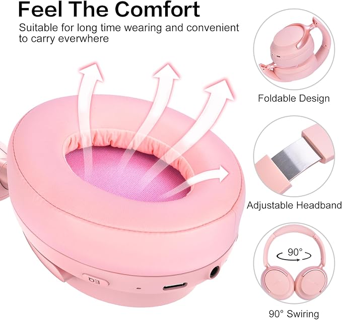 B8 Bluetooth Headphones Over Ear, 6 EQ Music Modes and 50H Playtime Deep Bass Wireless Headphones with Mic, Lightweight Folding HiFi Stereo Headset for iPad/Travel/Tablet/PC/Home Pink