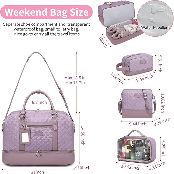 Wogarl 4PCS Weekender Bags for Women Large Overnight Weekend Travel Duffel Carry on Shoulder with Shoe Compartment Canvas Toiletry Bag for Travel Business Gym