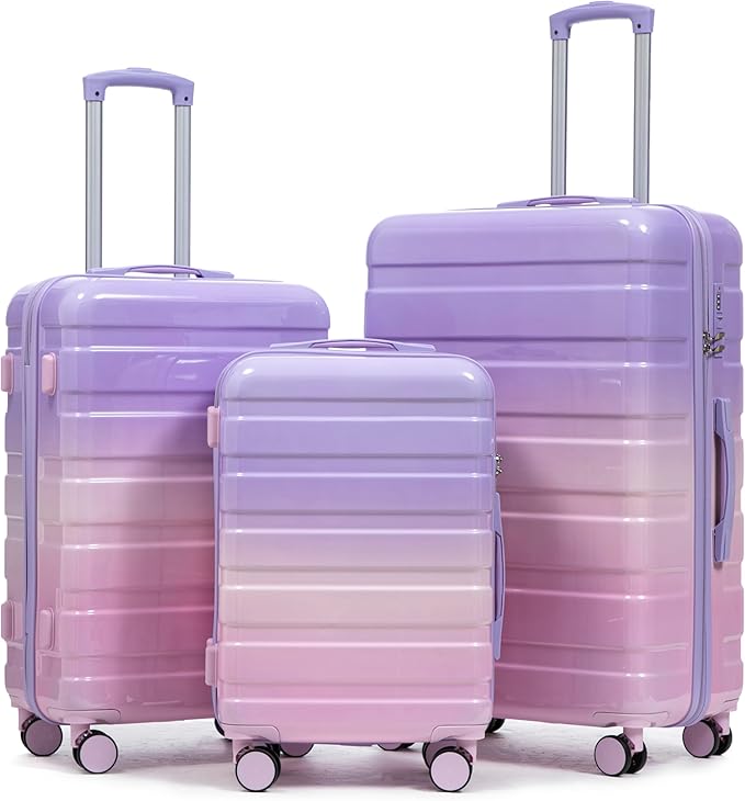 Merax Suitcase Set, Hardshell PC Luggage Sets 3 Piece with Spinner Wheels,Durable Suitcase with With Printed pattern and Combination Lock,Lightweight 20" 24" 28",Purple Pink
