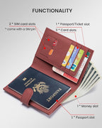 Karmiir RFID Passport Holder Travel Wallet for Women, Leather Passport Cover Wallet with Card Holders SIM Slots,Zippered Coins Pocket and Cash Slot Slim Compact Travel Wallet (Brick Red)
