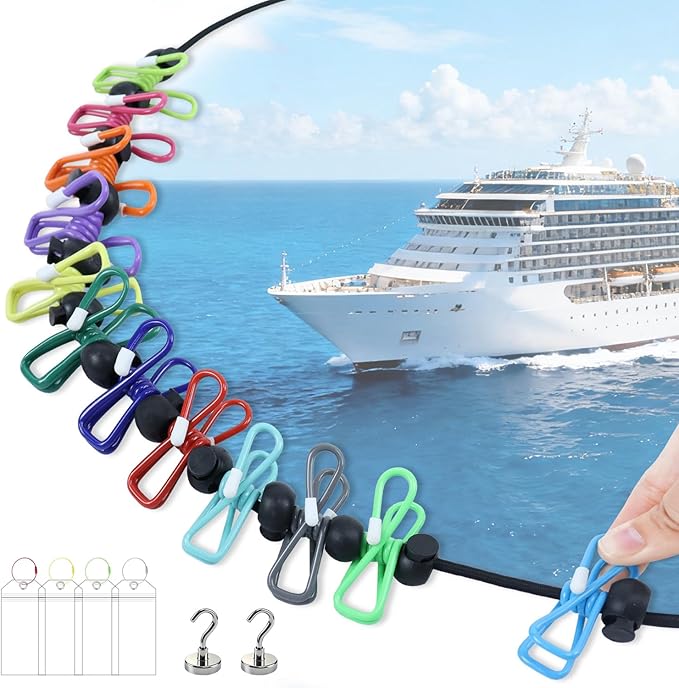 Travel Clothesline for Cruise Retractable Clothesline with 12 Clothesline Clips 2 Strong Magnets Hooks 4 Luggage Tags Camping Portable Clothesline for Hotel Room RV Indoor Cruise Ship Essentials 2026