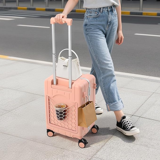 CNCEST 20" Adjustable Double Handle Ride-on Luggage,Travel Carry On Trolley Case with Mesh Pocket for Kids,Children's Ride On Suitcase with Wheels & TSA Lock (StyleB, Pink)
