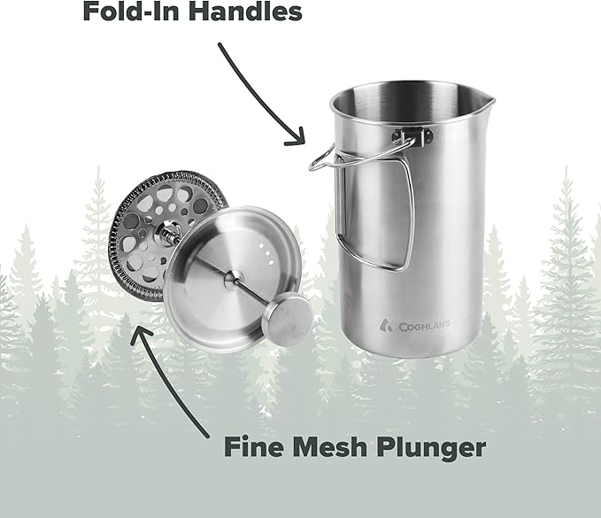 Coghlan's Stainless Steel French Press Coffee Maker – 4-Cup (32 oz), Campfire & Stovetop Safe, Portable & Durable – Fine Mesh Filter, Folding Handle, Dishwasher Safe – For Camping, Travel, or Home