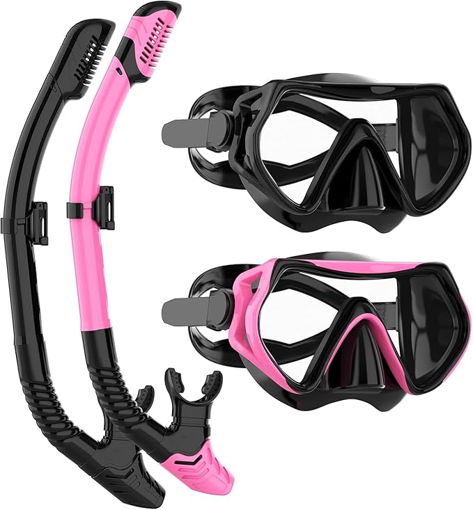 Snorkeling Gear for Adults, JRing Snorkel Mask Set with 180 Degree Tempered Glass Anti Fog Goggles Scuba Dry Top Snorkel for Swimming, Scuba Diving Mask for Men Women