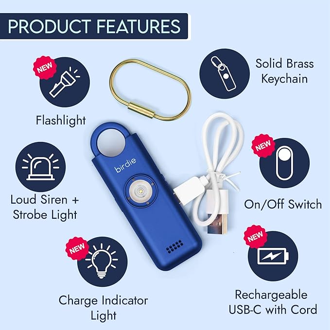 She’s Birdie 3.0 New Version – The Original Personal Safety Alarm for Women by Women–Loud Siren, Flash Light and Rechargeable Battery in a Variety of Colors (Metallic Indigo Blue)