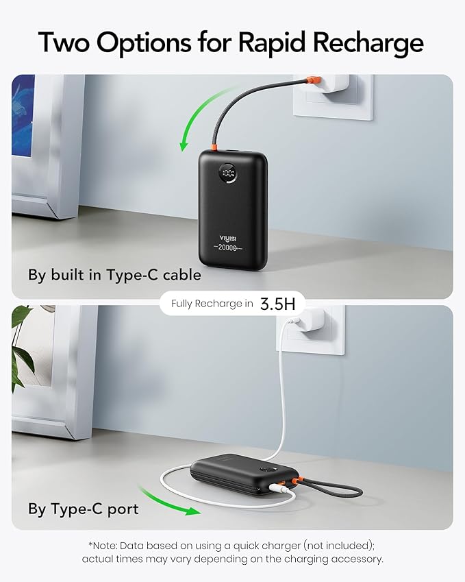 VIYISI Portable Charger 20000mAh 30W Fast Charging, Power Bank with Built-in Cables & LED Display, USB C Battery Pack for iPhone 16/15/14/13, Samsung, iPad and Android Phones, Ideal for Travel -Black