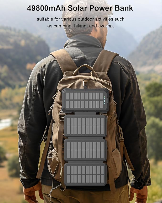 Solar Charger Power Bank 49800mAh with 4 Built-in Cables & 4 Foldable Panels, PD22.5W Fast Portable Phone Charger, External Battery Pack with USB-C in/Output & Flashlight for Outdoor Camping