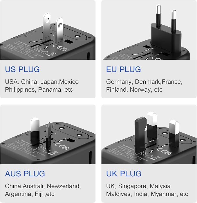 Universal Travel Adapter, VYLEE 5 in 1 International Power Adapter, 3.5A 2xUSB-A and 2xUSB C Wall Charger, Worldwide Travel Essentials Plug for Europe USA UK AUS Asia (Black)