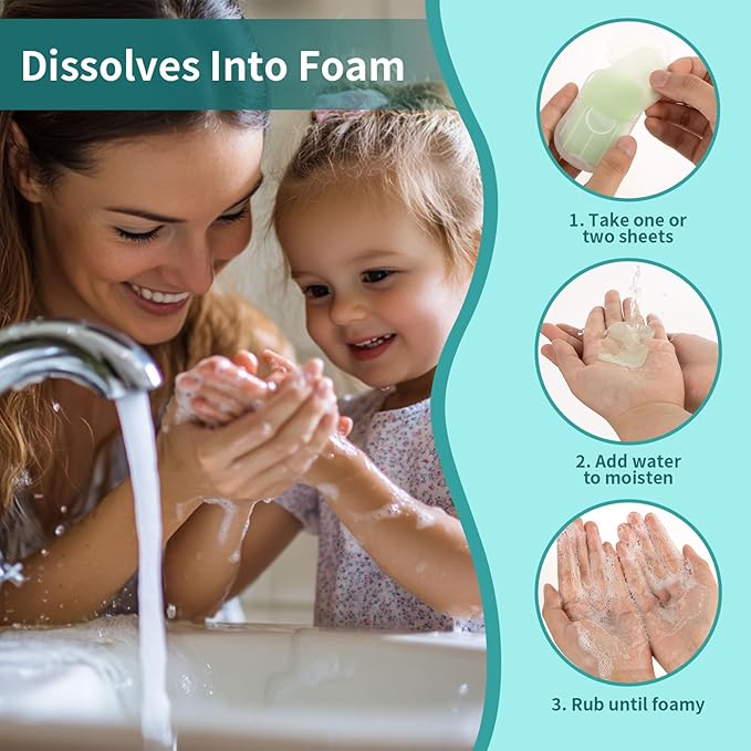 300 Paper Soap Sheets for Travel - 6packs Travel Size Foaming Hand Soap Sheets Refills with 1 Portable Box for Hand Washing Disposable Scented Mini Flakes Traveling Camping Hiking Essentials