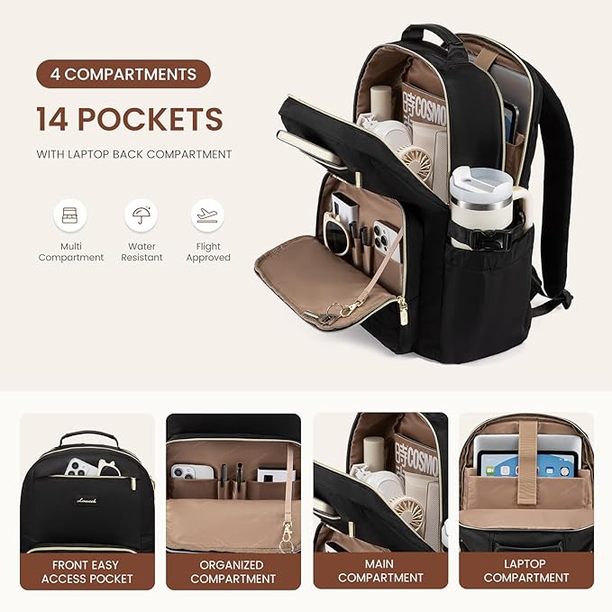 LOVEVOOK Laptop Backpack for Women with Pouch Pocket for Large Capacity Cup,15.6 Inch Teacher Nurse College Work Backpack Purse,Waterproof Laptop Bag Computer Back Pack for Travel,Black+Wicker pattern