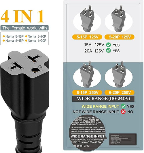 (10-Feet) NEMA 5-15P to 5-15R/ 5-20R/ 6-15R/ 6-20R AC Adapter, Plugrand 12AWG 15 Amp Household AC Plug to 20 Amp T Blade Adapter Cable, 15A 125V to 20A 250V Extension Cable, 10FT, Yellow
