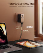 MOMAX Universal Travel Adapter Worldwide 170W GaN, 3 USB-C PD & 1 USB-A QC International Power Adapter for Laptop Fast Charging, European Travel Plug Adapter for UK/US/AUS/JP, Travel Essentials