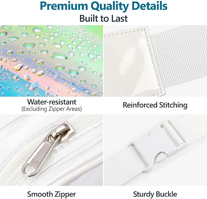 Veckle Holographic Fanny Pack for Women - Plus Size 35-51 Inch Iridescent Clear Belt Bag, Adjustable Crossbody Waist Bag for Concert, Festivals, Raves, Theme Parks, White