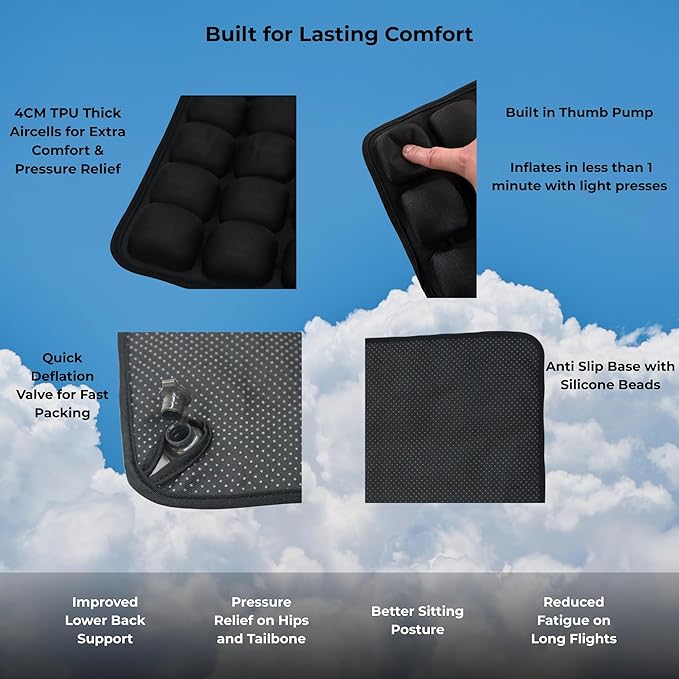 Inflatable Airplane Seat Cushion – Travel Seat Pad for Long Flights, Comfortable Air Travel Cushion with Built-in Thumb Pump for Quick Pressure Relief