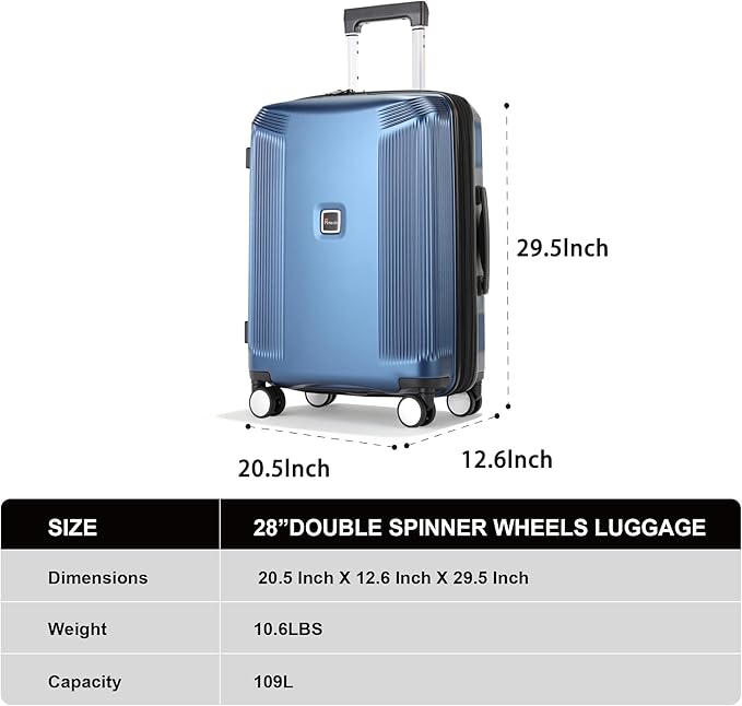 28 Inch Luggage with Spinner Wheels, Lightweight Expandable PC Hardside Large Checked Luggage with TSA Lock, Durable Rolling Suitcase, Blue