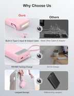 Portable Charger, 27000mAh 22.5W Fast Charging Power Bank with Built-in Cable, USB C Battery Pack with LED Display & Flash Light, Travel Essential External Battery Charger Bank for iPhone Samsung Pink