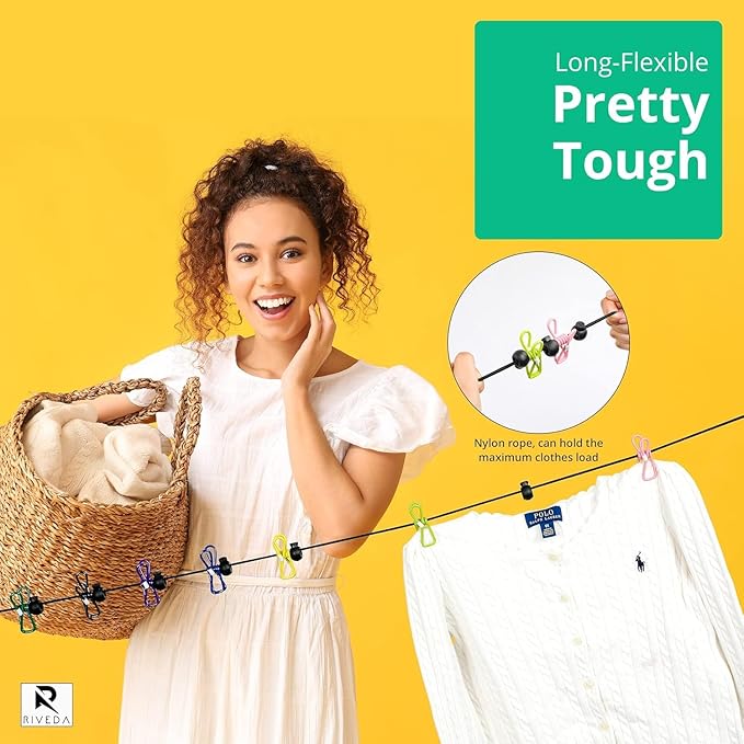 RIVEDA 2 Pack Travel Clotheslines with 12 Colorful Clips Each & 2 Bags, Cruise RV & Camping Essentials Clothes Line for Indoor Laundry Drying Line & Outdoor Accessories