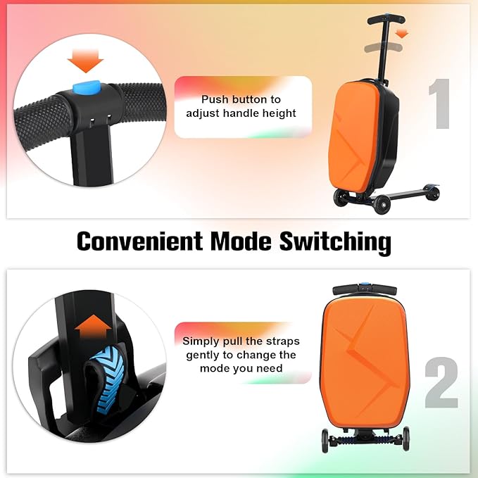 Scooter Luggage For Kids & Adults， Hardside Ride On Suitcase For Kids Ages 4-15 Multifunctional Lightweight Foldable Carry On Luggage With Wheels Ride On For Children Teenagers（Orange）