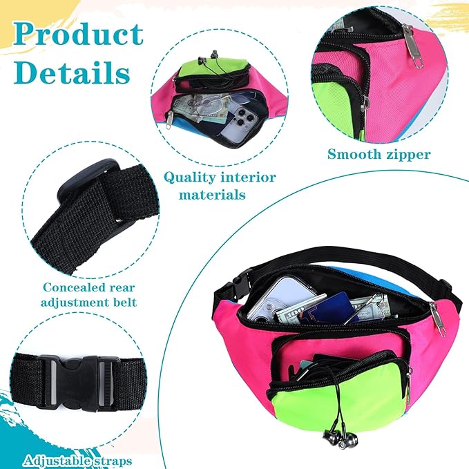 80s Neon Fanny Pack 2 Pockets 90s Belt Bags for Women Men Waist Retro Packs for Holiday Festival, 80s Theme Halloween Party, Vintage Rave Accessories Plus Size Belt Bag, Pink Bottom