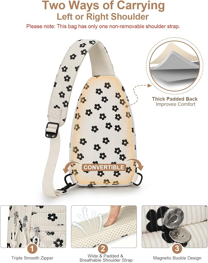 Capolo Sling Bag for Women Men Waterproof Crossbody Bags for Women Trendy Casual Fanny Pack with Convertible Shoulder Strap Chest Bag for Travel Hiking(Flower, Medium)