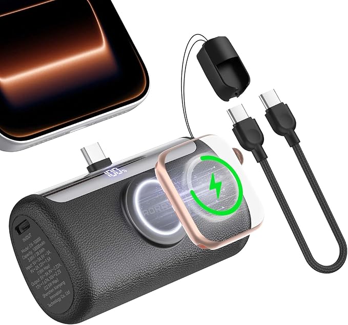RORRY PalmGo Portable Charger, 10000mAh PD 22.5W Fast Charging Mini Power Bank with Built-in USB C Connector, 3-in-1 Battery Pack for iPhone 17/16/15 Pro/Max, Apple Watch Ultra/11/10/SE, iPad, Black
