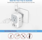 Australia Plug Adapter, TESSAN New Zealand Power Adapter with 4 Outlets 3 USB Charging Ports (1 USB C PD 20W), Type I Travel Plug for US to New Zealand China Argentina Fiji AU, 2 Pack