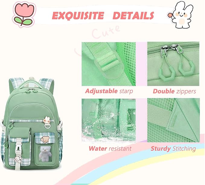 PRLINJSK Girls Backpack，Cute School Backpack for Girls Kids Teens，Kawaii Bookbag for Primary Elementary，Green