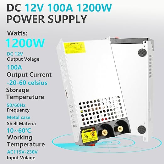 DC 12V 100A 1200W Power Supply, 110V AC to 12V DC Converter Transformer Adapter 100amp 1200W Switching Power Supply for LED Strip Light CCTV Camera Security System Radio 3D Printer