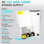 DC 12V 100A 1200W Power Supply, 110V AC to 12V DC Converter Transformer Adapter 100amp 1200W Switching Power Supply for LED Strip Light CCTV Camera Security System Radio 3D Printer