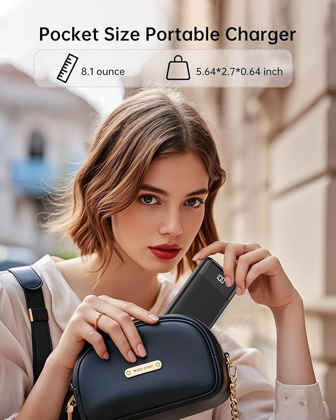 Portable Charger with Built-in Cables 10000mAh Power Bank with Cords, Slim Battery Pack with LED Display, Travel Essential Portable Charger for iPhone 17/16/15/14 Series, Android Samsung Google Pixel