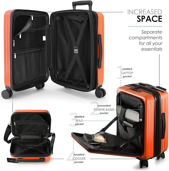 22 Inch Carry On Luggage 22x14x9 Airline Approved, Carry On Suitcase with Wheels, Hard-shell Carry-on Luggage, Orange Small Suitcase, Hardside Luggage Carry On with Cosmetic Carry On Bag